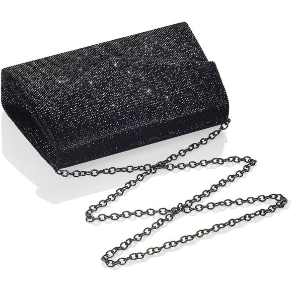 Women's Black Sparkly Evening Glitter Rhinestone Clutch Purse for Party - Picture 3 of 8